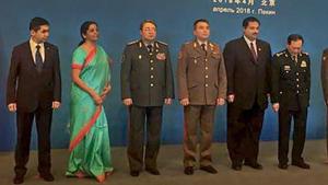 Defence minister Nirmala Sitharaman with her counterparts from other member states at the Shanghai Cooperation Organisation's defence ministers' meeting in Beijing recently.(PTI/File Photo) Defence minister Nirmala Sitharaman with her counterparts from other member states at the Shanghai Cooperation Organisation's defence ministers' meeting in Beijing recently.(PTI/File Photo)