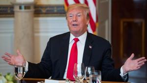 US President Donald Trump speaks during a dinner with US state governors to discuss border security in the Blue Room of the White House in Washington, DC, May 21, 2018.(AFP) US President Donald Trump speaks during a dinner with US state governors to discuss border security in the Blue Room of the White House in Washington, DC, May 21, 2018.(AFP)