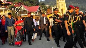 President Ram Nath Kovind along with his family members takes a stroll on The Ridge in Shimla on Tuesday(Deepak Sansta/HT)