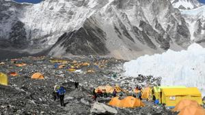 Climbers and porters are seen by their tents at Everest base camp, some 140 kilometres northeast of Kathmandu. The camp now boasts of modern conveniences, including Wifi and baked goods .(AFP) Climbers and porters are seen by their tents at Everest base camp, some 140 kilometres northeast of Kathmandu. The camp now boasts of modern conveniences, including Wifi and baked goods .(AFP)