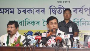 Assam chief minister Sarbananda Sonowal addresses a press conference on the occasion of completion of two years of the state government, at Administrative Staff College, Khanapara in Guwahati on May 24.(HT Photo) Assam chief minister Sarbananda Sonowal addresses a press conference on the occasion of completion of two years of the state government, at Administrative Staff College, Khanapara in Guwahati on May 24.(HT Photo)