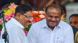 Karnataka chief minister and JD(S) leader HD Kumaraswamy greets deputy CM G Parameshwara after the oath-taking ceremony in Bengaluru.(PTI File Photo) Karnataka chief minister and JD(S) leader HD Kumaraswamy greets deputy CM G Parameshwara after the oath-taking ceremony in Bengaluru.(PTI File Photo)