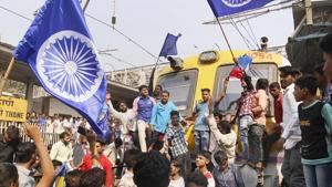 Dalit groups protesting at the Thane railway station during the Maharashtra Bandh after clashes erupted between in Bhima Koregaon near Pune, in Mumbai in January 2018.(PTI File Photo)