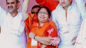 BJP Rajya Sabha MP Kanta Kardam (centre, in saree) at a rally for the party’s Kairana candidate Mriganka Singh in Shamli on May 24, 2018. The Kairana bypolls are being held on May 28.(PTI) BJP Rajya Sabha MP Kanta Kardam (centre, in saree) at a rally for the party’s Kairana candidate Mriganka Singh in Shamli on May 24, 2018. The Kairana bypolls are being held on May 28.(PTI)