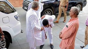 Rajasthan Youth Congress president Ashok Chandna greets BJP MLA Ghanshyam Tiwari at the assembly in Jaipur.(HT Photo) Rajasthan Youth Congress president Ashok Chandna greets BJP MLA Ghanshyam Tiwari at the assembly in Jaipur.(HT Photo)
