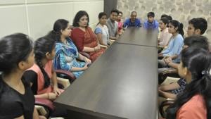 CBSE 10th result: Students of Lucknow’s GD Goenka Public School interact with their principal Raveen Pande and teacher Garvita.(Deepak Gupta/HT Photo) CBSE 10th result: Students of Lucknow’s GD Goenka Public School interact with their principal Raveen Pande and teacher Garvita.(Deepak Gupta/HT Photo)
