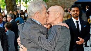 Ian McKellan kisses his X-Men co-star Patrick Stewart during a red carpet appearance in 2015. Ian McKellan kisses his X-Men co-star Patrick Stewart during a red carpet appearance in 2015.