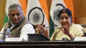 External Affairs Minister Sushma Swaraj addresses an annual press conference on completion of four years of the BJP-led NDA government as her deputy V K Singh (left) looks on at Jawahar Bhawan, Janpath in New Delhi, on May 28, 2018.(Mohd Zakir/HT PHOTO) External Affairs Minister Sushma Swaraj addresses an annual press conference on completion of four years of the BJP-led NDA government as her deputy V K Singh (left) looks on at Jawahar Bhawan, Janpath in New Delhi, on May 28, 2018.(Mohd Zakir/HT PHOTO)