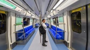 An inside view of a metro train at Nehru Enclave Metro Station during the inauguration of the 24.82 km long Kalkaji Mandir-Janakpuri West stretch of the Delhi Metro's Magenta Line, in New Delhi on Monday.(PTI Photo) An inside view of a metro train at Nehru Enclave Metro Station during the inauguration of the 24.82 km long Kalkaji Mandir-Janakpuri West stretch of the Delhi Metro's Magenta Line, in New Delhi on Monday.(PTI Photo)