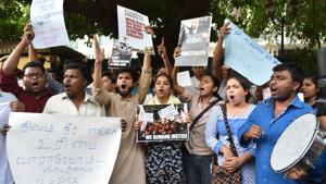 People stage a demonstration against the police firing on the people of Thoothukudi who were protesting against a copper smelter inTamil Nadu, in New Delhi’s Chanakyapuri.(Anushree Fadnavis/HT Photo) People stage a demonstration against the police firing on the people of Thoothukudi who were protesting against a copper smelter inTamil Nadu, in New Delhi’s Chanakyapuri.(Anushree Fadnavis/HT Photo)