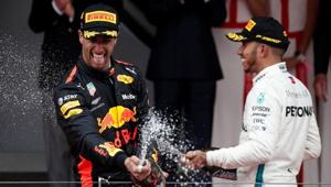 Red Bull’s Daniel Ricciardo celebrates winning the Monaco Grand Prix in the Circuit de Monaco, Monte Carlo with Mercedes' Lewis Hamilton, who finished third, on May 27, 2018.(REUTERS) Red Bull’s Daniel Ricciardo celebrates winning the Monaco Grand Prix in the Circuit de Monaco, Monte Carlo with Mercedes' Lewis Hamilton, who finished third, on May 27, 2018.(REUTERS)