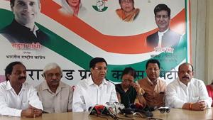 Congress state president Pritam Singh with Indira Hridayesh at a press conference in Dehradun on Wednesday.(Vinay S Kumar/HT Photo) Congress state president Pritam Singh with Indira Hridayesh at a press conference in Dehradun on Wednesday.(Vinay S Kumar/HT Photo)