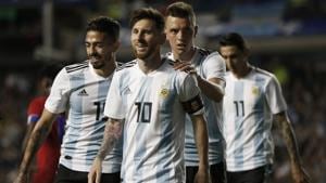 Argentina's Manuel Lanzini (L) Giovanni Lo Celso (2R), and Angel Di Maria (R) congratulate teammate Lionel Messi after his hat trick during a match between Argentina and Haiti at the Bombonera stadium in Buenos Aires, Argentina on May 29, 2018.(AP) Argentina's Manuel Lanzini (L) Giovanni Lo Celso (2R), and Angel Di Maria (R) congratulate teammate Lionel Messi after his hat trick during a match between Argentina and Haiti at the Bombonera stadium in Buenos Aires, Argentina on May 29, 2018.(AP)