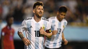 Lionel Messi celebrates after scoring gainst Haiti during their international friendly football match at Boca Juniors' stadium La Bombonera in Buenos Aires, on May 29, 2018.(AFP) Lionel Messi celebrates after scoring gainst Haiti during their international friendly football match at Boca Juniors' stadium La Bombonera in Buenos Aires, on May 29, 2018.(AFP)