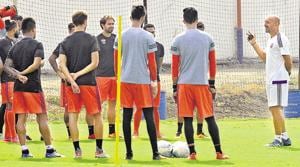 Players of FC Pune City along with former head coach Ranko Popovic (extreme right) during one of their practice sessions at Pune FC training pitch, Pirangut.(HT File Photo) Players of FC Pune City along with former head coach Ranko Popovic (extreme right) during one of their practice sessions at Pune FC training pitch, Pirangut.(HT File Photo)