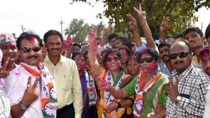 NCP workers celebrate their victory in the Bhandara-Gondiya Lok Sabha bypoll.(HT/Sunny Shende) NCP workers celebrate their victory in the Bhandara-Gondiya Lok Sabha bypoll.(HT/Sunny Shende)