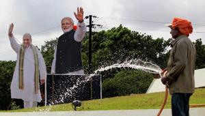 Cutouts of Prime Minister Narendra Modi and BJP president Amit Shah in Bhubaneswar. The BJP and its allies won just three seats out of four Lok Sabha and 10 Assembly seats across 11 states.(PTI) Cutouts of Prime Minister Narendra Modi and BJP president Amit Shah in Bhubaneswar. The BJP and its allies won just three seats out of four Lok Sabha and 10 Assembly seats across 11 states.(PTI)