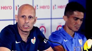 India coach Stephen Constantine speaks with captain Sunil Chhetri by his side during a pre-tournament press conference for the Hero Intercontinental Cup.(AP) India coach Stephen Constantine speaks with captain Sunil Chhetri by his side during a pre-tournament press conference for the Hero Intercontinental Cup.(AP)