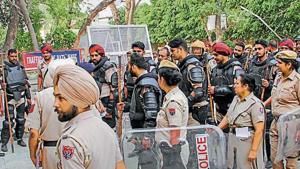 Heavy security deployed outside the court complex during the Kathua rape-murder case trial in Pathankot on Thursday.(PTI) Heavy security deployed outside the court complex during the Kathua rape-murder case trial in Pathankot on Thursday.(PTI)