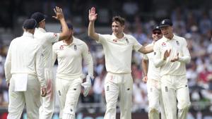 England's Chris Woakes, centre, celebrates taking the wicket of Pakistan's Hasan Ali during day one of the second cricket Test Match at Headingley in Leeds.(AP) England's Chris Woakes, centre, celebrates taking the wicket of Pakistan's Hasan Ali during day one of the second cricket Test Match at Headingley in Leeds.(AP)