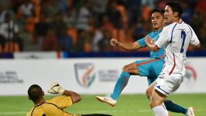 India captain Sunil Chhetri grabbed a hat-trick in his 99th international match.(PTI) India captain Sunil Chhetri grabbed a hat-trick in his 99th international match.(PTI)