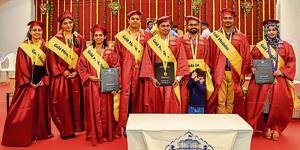 Gold medallists, awarded for their academic excellence, after the 113th convocation ceremony of Savitribai Phule Pune University, on Friday.(Sanket Wankhade/HT PHOTO) Gold medallists, awarded for their academic excellence, after the 113th convocation ceremony of Savitribai Phule Pune University, on Friday.(Sanket Wankhade/HT PHOTO)