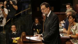 Spain's ousted prime minister Mariano Rajoy speaks on the second day of a motion of no confidence session at the Spanish parliament in Madrid.(AP Photo)
