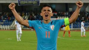 Sunil Chhetri scored a hat-trick for the Indian football team during the Intercontinental Cup 2018 encounter against Chinese Taipei on Friday.(AIFF) Sunil Chhetri scored a hat-trick for the Indian football team during the Intercontinental Cup 2018 encounter against Chinese Taipei on Friday.(AIFF)
