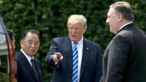 US President Donald Trump with Kim Yong Chol, left, former North Korean military intelligence chief and one of leader Kim Jong Un's closest aides, and Secretary of State Mike Pompeo after a meeting in the Oval Office of the White House in Washington on Friday.(AP)