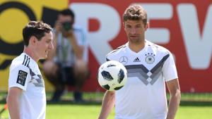 German national football team midfielder Sebastian Rudy and forward Thomas Mueller (R) take part in a training session at the Rungghof training centre on June 1, 2018, ahead of the FIFA World Cup 2018 in Russia.(AFP) German national football team midfielder Sebastian Rudy and forward Thomas Mueller (R) take part in a training session at the Rungghof training centre on June 1, 2018, ahead of the FIFA World Cup 2018 in Russia.(AFP)