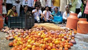 Farmers throw vegetables on the road during a farmer agitation in Pune.(HT Photo) Farmers throw vegetables on the road during a farmer agitation in Pune.(HT Photo)