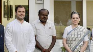 Congress president Rahul Gandhi, JD(S) leader and Karnataka CM HD Kumaraswamy and UPA chairperson Sonia Gandhi, New Delhi (File Photo)(Sanchit Khanna/HT) Congress president Rahul Gandhi, JD(S) leader and Karnataka CM HD Kumaraswamy and UPA chairperson Sonia Gandhi, New Delhi (File Photo)(Sanchit Khanna/HT)
