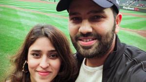 Rohit Sharma with his wife Ritika Sajdeh at Safeco Field, Seattle Mariners’ home ground.(Twitter) Rohit Sharma with his wife Ritika Sajdeh at Safeco Field, Seattle Mariners’ home ground.(Twitter)