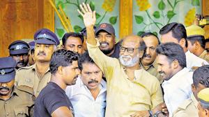 Actor-turned-politician Rajinikanth waves at supporters as he comes out of a government hospital after visiting those who got injured during police firing, Thoothukudi, May 30, 2018(PTI) Actor-turned-politician Rajinikanth waves at supporters as he comes out of a government hospital after visiting those who got injured during police firing, Thoothukudi, May 30, 2018(PTI)
