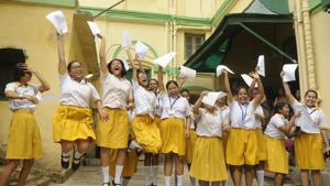 Students of St. Margaret School rejoice after the Madhyamik result in Kolkata, India, on Wednesday.(Samir Jana/ Hindustan Times) Students of St. Margaret School rejoice after the Madhyamik result in Kolkata, India, on Wednesday.(Samir Jana/ Hindustan Times)