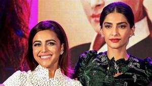 Sonam Kapoor and Swara Bhaskar during the music launch of their film Veere Di Wedding, in Mumbai.(PTI) Sonam Kapoor and Swara Bhaskar during the music launch of their film Veere Di Wedding, in Mumbai.(PTI)