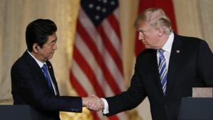 US President Donald Trump and Japan's Prime Minister Shinzo Abe shake hands as they hold a joint press conference at Trump's Mar-a-Lago estate in Palm Beach, Florida, US, April 18, 2018.(Reuters File Photo) US President Donald Trump and Japan's Prime Minister Shinzo Abe shake hands as they hold a joint press conference at Trump's Mar-a-Lago estate in Palm Beach, Florida, US, April 18, 2018.(Reuters File Photo)