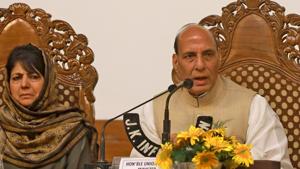 Union home minister Rajnath Singh speaks next to Jammu and Kashmir chief minister Mehbooba Mufti during press conference at Sher-i-Kashmir International Conference Centre, in Srinagar, on Thursday.(Waseem Andrabi/HT Photo) Union home minister Rajnath Singh speaks next to Jammu and Kashmir chief minister Mehbooba Mufti during press conference at Sher-i-Kashmir International Conference Centre, in Srinagar, on Thursday.(Waseem Andrabi/HT Photo)