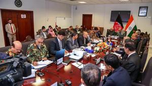 Deputy National Security Advisor of India Rajinder Khanna with ministry officials and Afghan National Security Advisor Hanif Atmar during India-Afghan security meet, in Kabul on May 30.(PTI file photo) Deputy National Security Advisor of India Rajinder Khanna with ministry officials and Afghan National Security Advisor Hanif Atmar during India-Afghan security meet, in Kabul on May 30.(PTI file photo)