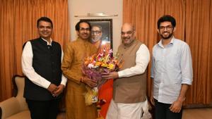 (L to R): Maharashtra CM Devendra Fadnavis, Shiv Sena chief Uddhav Thackeray, BJP president Amit Shah and Uddhav’s son Aditya Thackeray, Bandra, Mumbai, June 6, 2018(Pravin Waradkar /HT) (L to R): Maharashtra CM Devendra Fadnavis, Shiv Sena chief Uddhav Thackeray, BJP president Amit Shah and Uddhav’s son Aditya Thackeray, Bandra, Mumbai, June 6, 2018(Pravin Waradkar /HT)
