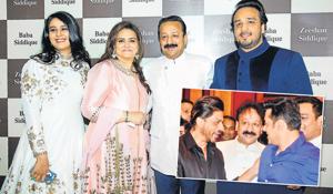 Baba Siddiqui’s (centre) family. (Inset) The iftar party at which SRK and Salman Khan made up. Baba Siddiqui’s (centre) family. (Inset) The iftar party at which SRK and Salman Khan made up.