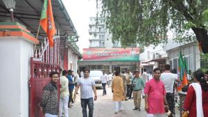 A view of BJP office in Dehradun on Friday.(Vinay Santosh Kumar//HT) A view of BJP office in Dehradun on Friday.(Vinay Santosh Kumar//HT)