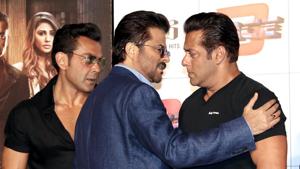Salman Khan, Anil Kapoor and Bobby Deol at the trailer launch of Race 3.(PTI) Salman Khan, Anil Kapoor and Bobby Deol at the trailer launch of Race 3.(PTI)