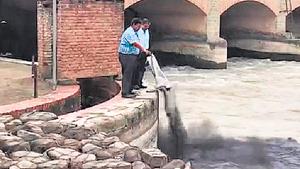 A grab of the video in which the accused are seen dumping a black powdery substance into a canal in Doraha. A grab of the video in which the accused are seen dumping a black powdery substance into a canal in Doraha.