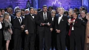 Orin Wolf, center, and the cast and crew of ‘The Band's Visit’ accept the award for best musical at the 72nd annual Tony Awards at Radio City Music Hall.(Invision) Orin Wolf, center, and the cast and crew of ‘The Band's Visit’ accept the award for best musical at the 72nd annual Tony Awards at Radio City Music Hall.(Invision)