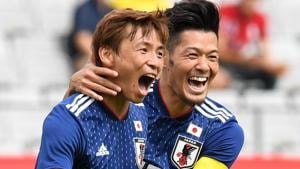 Takashi Inui (L) celebrates after the first goal against Paraguay during their FIFA World Cup 2018 warm-up encounter on Tuesday.(AFP) Takashi Inui (L) celebrates after the first goal against Paraguay during their FIFA World Cup 2018 warm-up encounter on Tuesday.(AFP)