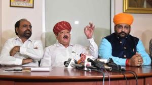 Giriraj Singh Lotwada and other Rajput leaders interact with media persons in Jaipur on Tuesday.(Prabhakar Sharma/HT) Giriraj Singh Lotwada and other Rajput leaders interact with media persons in Jaipur on Tuesday.(Prabhakar Sharma/HT)