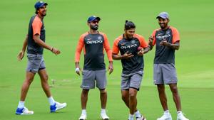 Indian cricket players Ishant Sharma, Dinesh Karthik, K L Rahul and Umesh Yadav at a fielding drill during a practice session ahead of the maiden cricket test match against Afghanistan, in Bangalore.(PTI)