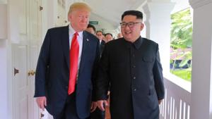 US President Donald Trump walks with North Korean leader Kim Jong Un at the Capella Hotel on Sentosa island in Singapore in this picture released on June 12, 2018 by North Korea's Korean Central News Agency.(KCNA via REUTERS) US President Donald Trump walks with North Korean leader Kim Jong Un at the Capella Hotel on Sentosa island in Singapore in this picture released on June 12, 2018 by North Korea's Korean Central News Agency.(KCNA via REUTERS)