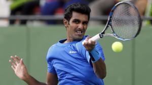 Prajnesh Gunneswaran pulled off a brilliant win over Denis Shapovalov at the Stuttgart Open tennis tournament on Wednesday.(AP) Prajnesh Gunneswaran pulled off a brilliant win over Denis Shapovalov at the Stuttgart Open tennis tournament on Wednesday.(AP)